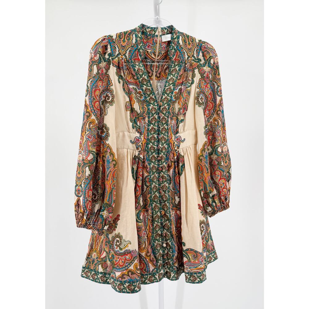 Zimmermann Ottie Plunge Mini Dress Multicolor Paisley Linen Floral Logo XS 0 - Picture 9 of 12